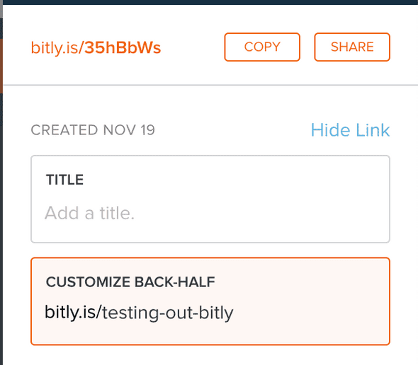 The bit.ly interface that shows the Customize Back-Half field with the URL typed 'testing-out-bitly.'
